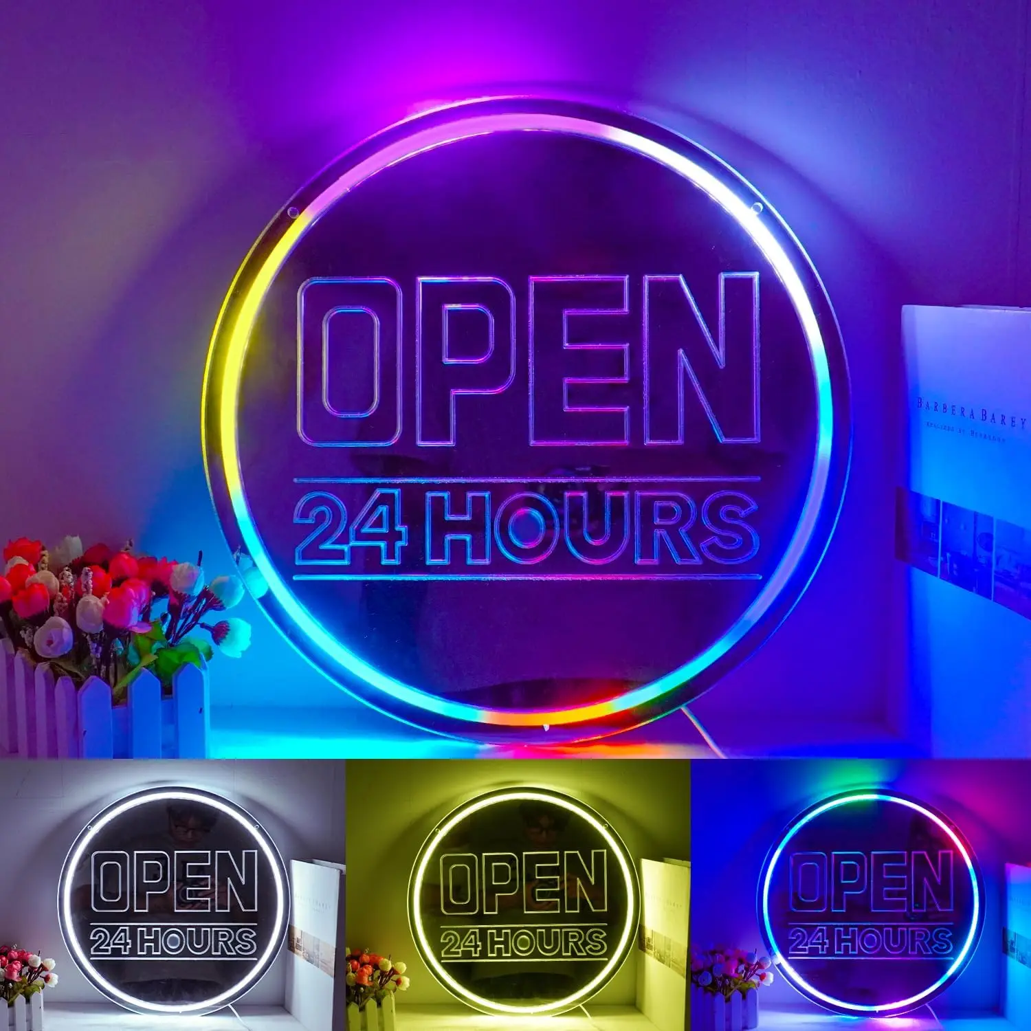 24 Stunden geöffnet Spiegel Illusion Neon LED Zeichen Raum dekor dimmbar USB betrieben für Schaufenster Convenience Store Bar Dekoration