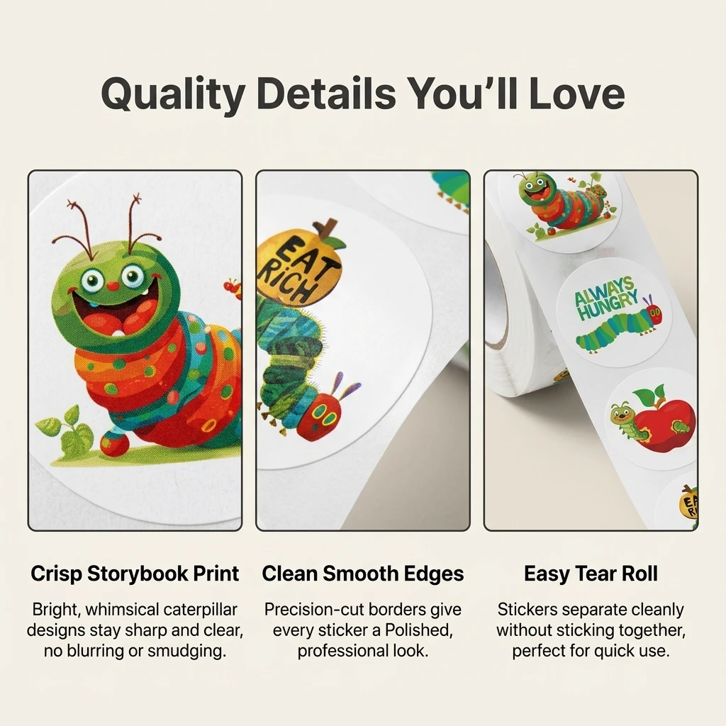 500 Stück/Rolle Greedy Eat Rich Raupe Aufkleber 2,5 cm/0,98 Zoll 8 Designs Aufkleber Diy Schmücken Geschenke Geeignet für verschiedene Geschenke Dekor – Detail 4