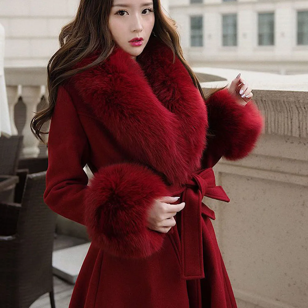 Women Fashion Long Luxury Overcoat Female Winter Coats Fur Collar Warm Elegant Thicken Solid Colo Woolen Jackets Abrigos Mujer