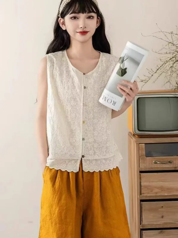 

Женский летний тонкий жилет с вышивкой и кружевной отделкой в стиле ретро, модный повседневный топ из смесового хлопка