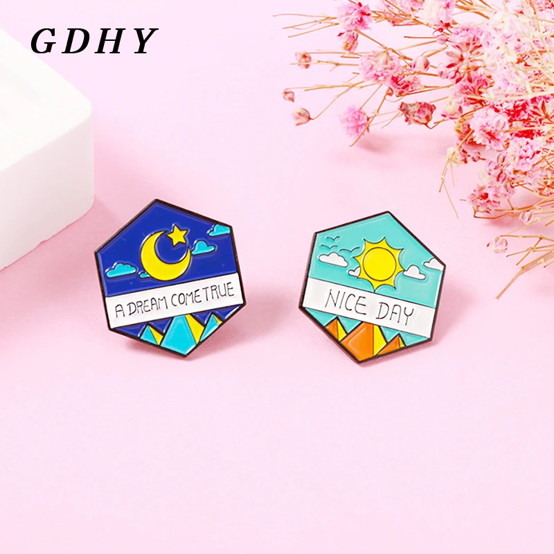 GDHY Hexagon Day and Night Outdoors Enamel Pins Sun Moon Stars Mountains 'NICE DAY,A DREAM COME TRUE' Brooch Lapel Badge Jewelry