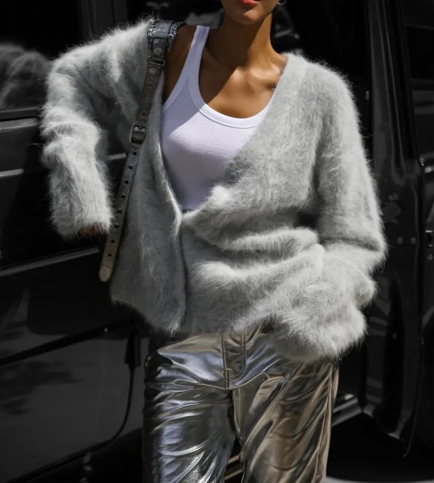 

Women's Solid Color Elegant Casual Trendy Loose V-neck Breasted Knitted Sweater Cardigans Autumn Winter New Fashion Coats Tops