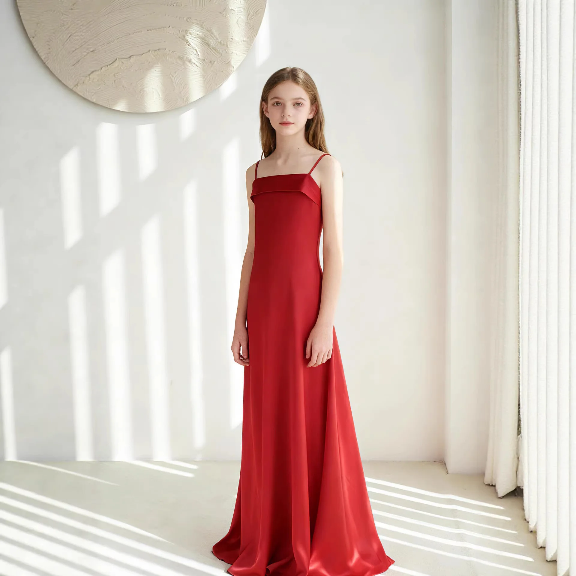 Suspender satin children's dress, summer new simple princess dress, square neck long dress girl's wedding host performance dress