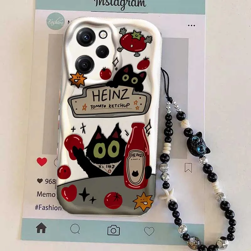 Black Cat With Bracelet Chain Case For Redmi Note 14 4G Pro 5G Plus 15 15C 14C 13C 4G 12C 12 13 A3 10C Soft Wave Side Cover