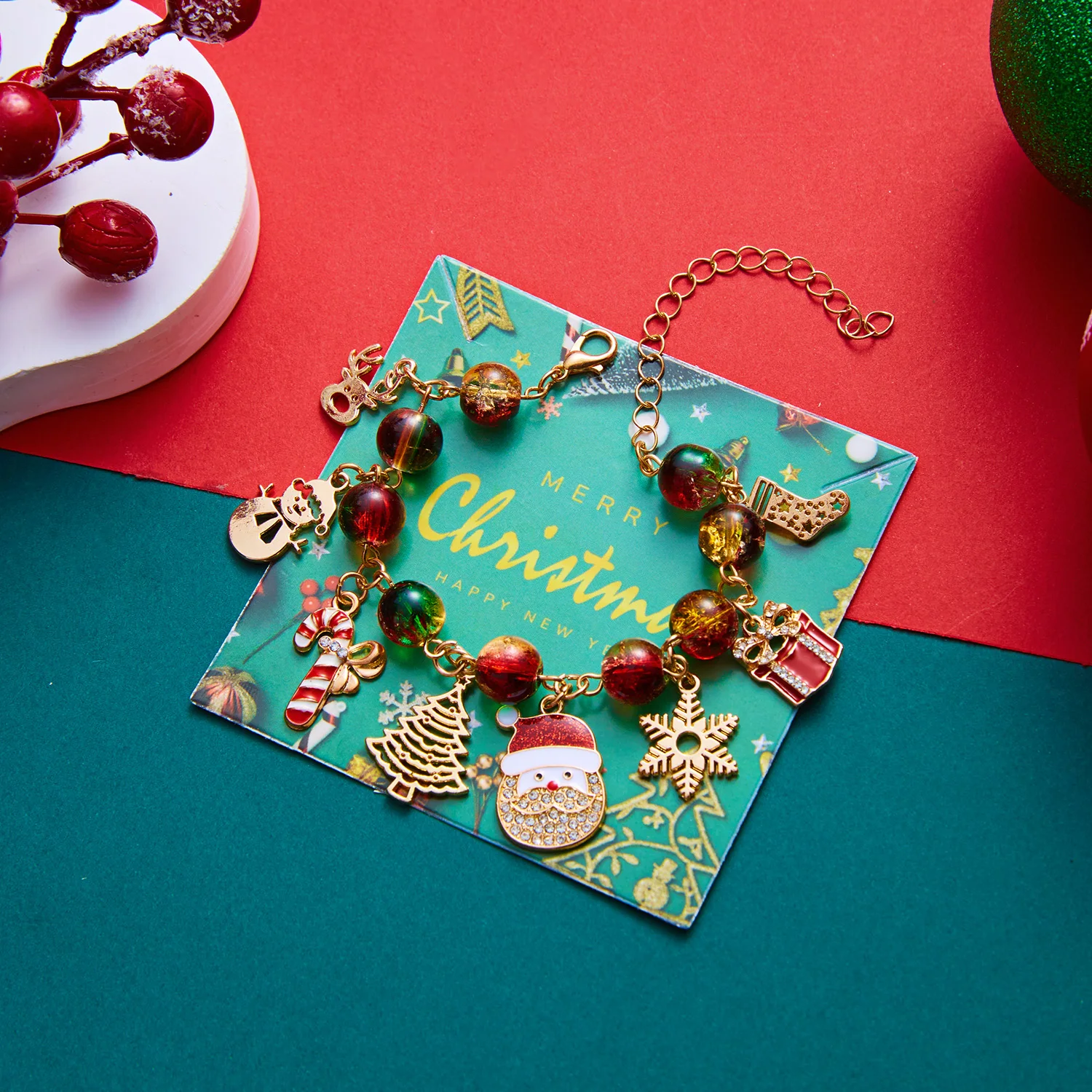 Bunte Stern-Kristallperlen Weihnachts-Multielement-Armbänder für Frauen Männer Weihnachtsmann Schneeflocke Baum Armband Neujahrs-Schmuck – Detail 6