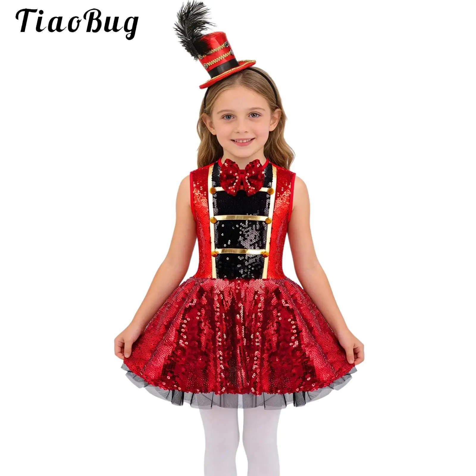 Kids Girls Circus Ringmaster Costume Shiny Sequin Leotard Tutu Dress Feather Min Top Hat Halloween Drum Marching Fancy Outfits