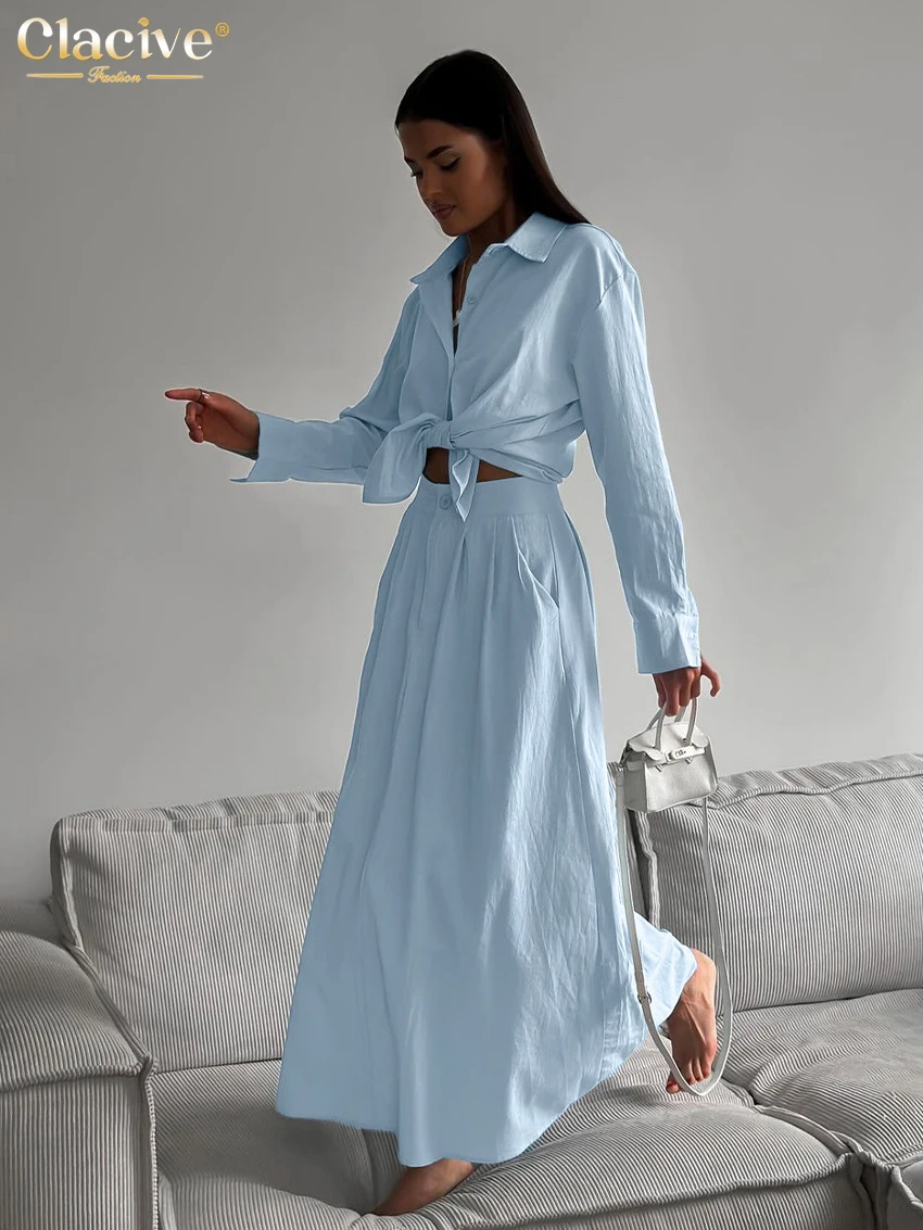 Clacive Fashion Loose Blue Cotton Skirt Sets For Women 2 Pieces Elegant Long Sleeve Shirt With High Waist Long Skirts Set Female