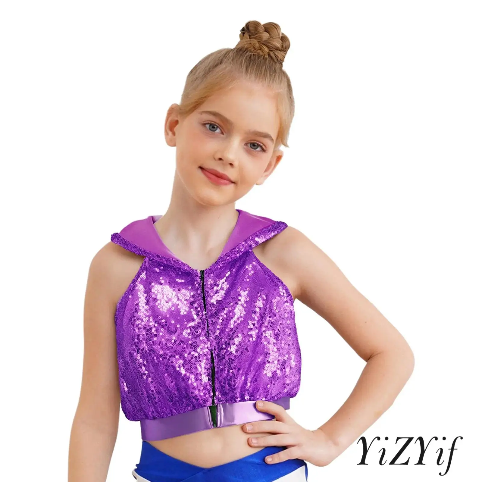 

Children Girls Hip-Hop Jazz Dance Costume Sleeveless Backless Front Zipper Sparkling Sequins Hooded Crop Top Vest Coat Dancewear
