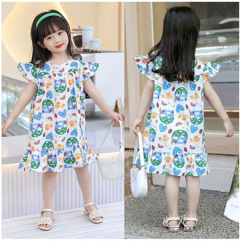 Girl Dresses100% Cotton Children\'s Clothing Summer Kids Clothes Girls Party Princess Fashion Outfit Flower Pattern Beach Dresses