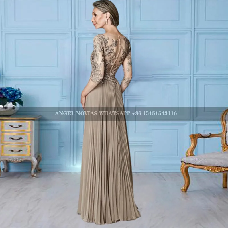 Long Khaki Pleats Chiffon Mother of the Bride Dress with Sleeves Wedding Party Dress Vestidos De Fiestas Elegantes Mujer