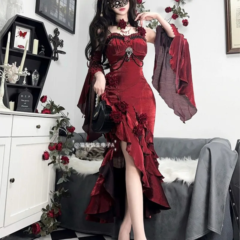 Red rose fish tail elegant royal sister dress