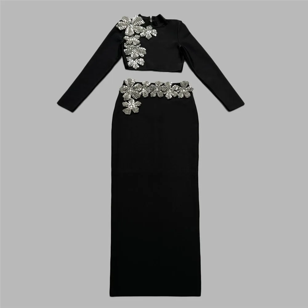 Black Color Women Fashion Long Sleeve Sexy 2 Pieces Bodycon Long Bandage Dress Diamond Florals Celebrate Evening Party Dress