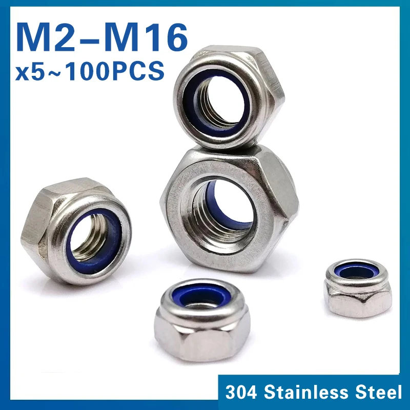 M2 M2.5 M3 M3.5 M4 M5 M6 M8 M10 M12 M16 Hex Hexagon Nylon Insert Self Lock Nut Nylock Nut Locknut A2 304 Stainless Steel DIN985