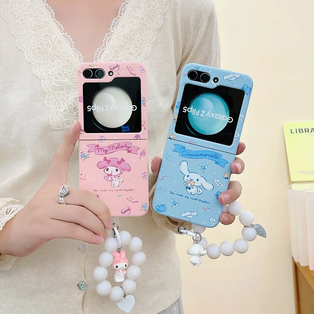 Cartoon Cinnamoroll Pompom Purin with Lanyard Phone Case for Samsung Galaxy Z Flip 3 4 5 5G PC Hard Anti-drop Back Cover Funda