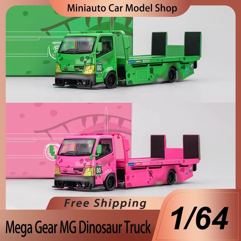 Nuevo en Existencia, Mega Gear MG 1:64, Camión de Remolque Personalizado con Dinosaurio Verde y Rosa, Modelo de Aleación Fundida a Presión, Remolque de Plataforma, Juguetes para Niños, Regalo