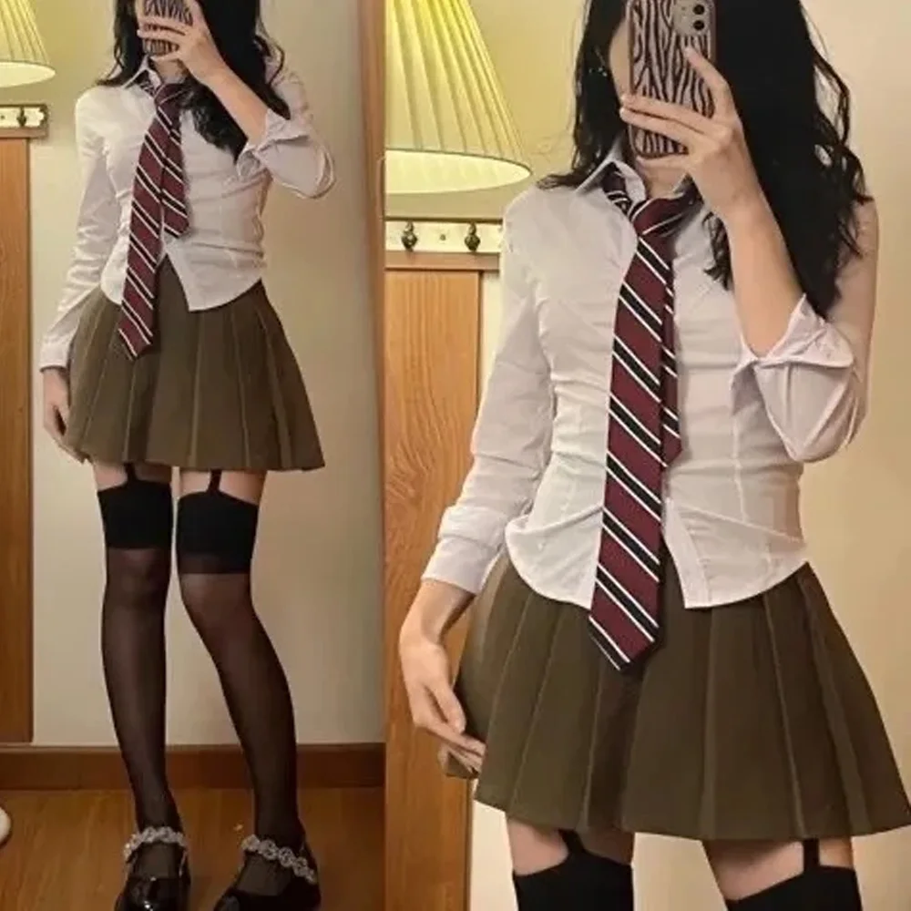 

Japan Korean Pure Desire Spicy Girl Fold Women's Shirt Slim Fit Gray Bow Tie Blouse Long Sleeved Top Trendy Student Jk Uniform