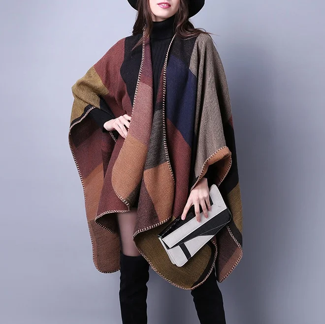 

Осенне-зимний клетчатый шарф, универсальная женская дорожная шаль из искусственного кашемира, этнический европейский стиль, утолщенный плащ с открытым разрезом