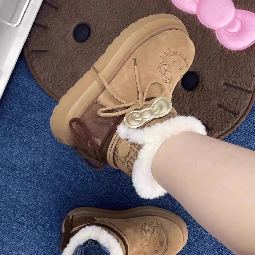 Hello Kitty Snow Boots Sanrio Winter Girls Plush Snow Boot Anime Women Cute Warm Nonslip Cotton Shoes Sneaker Outdoor Short Boot