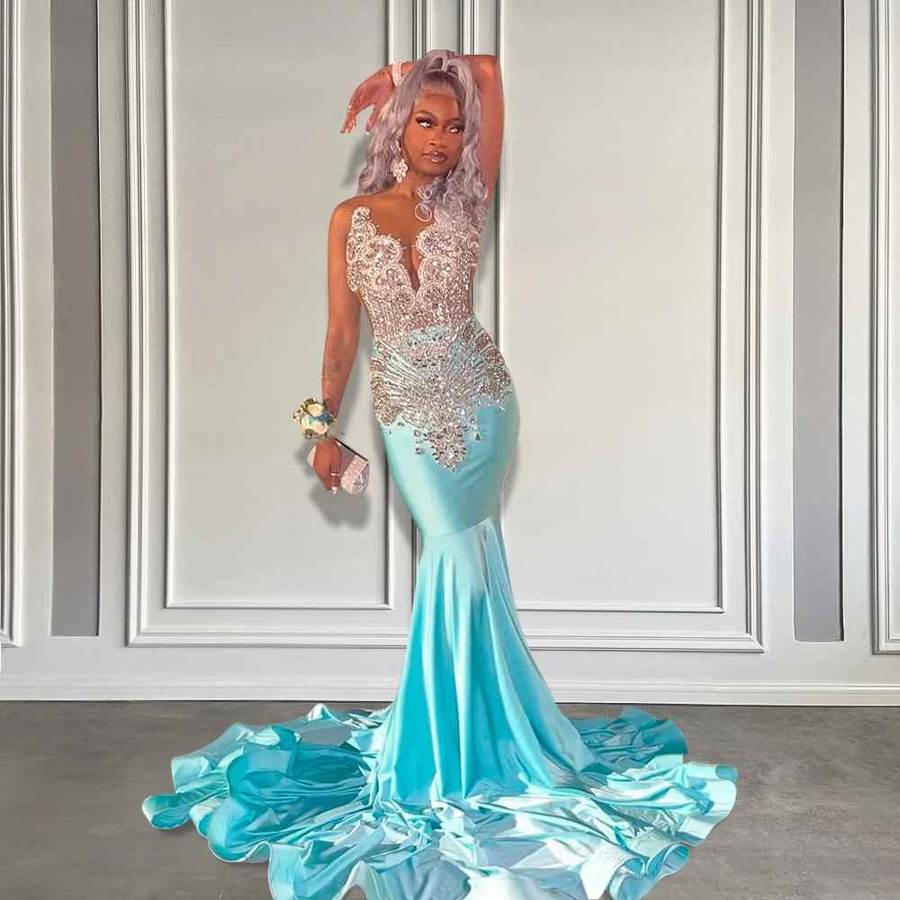 

Long Aqua Blue Black Girls Prom Dresses Luxury Silver Beaded Crystals Mermaid Gala Gown Dress Customized