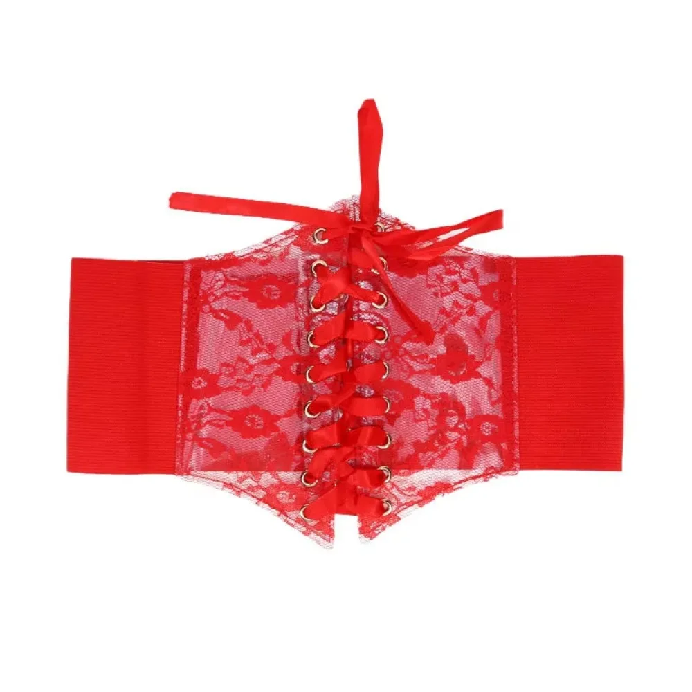 Flower Embroidery Lace-up Corset Belt Transparent Lace Wide Lace Elastic Waistband Punk Style Stretchy Elastic