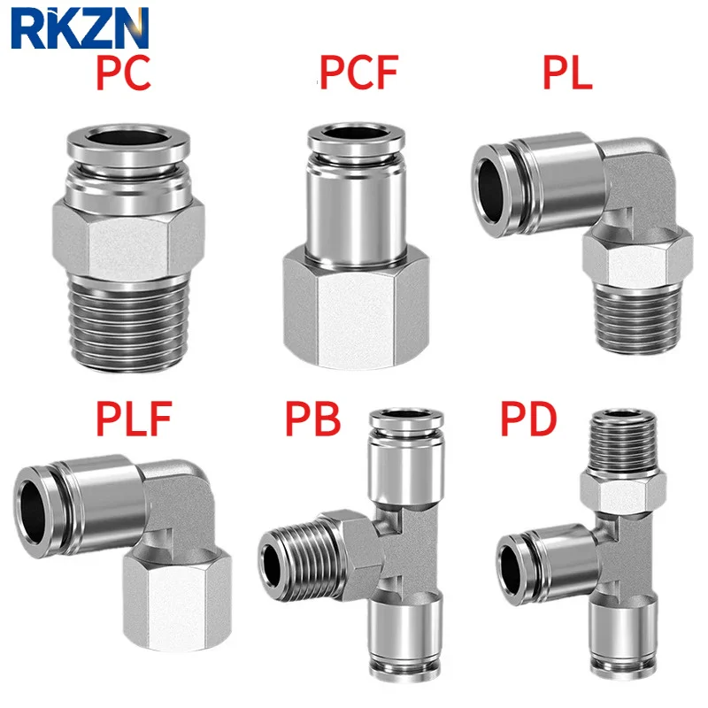 PC PCF PL PLF PB 304 Stainless Steel Pneumatic Air Tube Connectors, 1/8 1/4 3/8 1/2 BSP Quick Release Hose Fittings