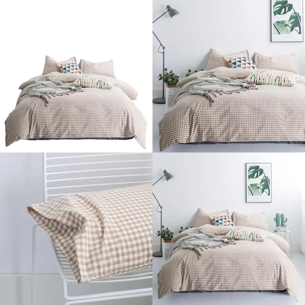

Комплект пододеяльников из бежевого хлопка в мелкую клетку размера King Size — постельное белье в клетку из трех предметов с застежкой-молнией и наволочками
