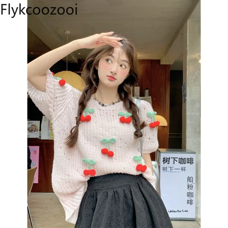 

Ladies Sweaters Sweet Age Reducing O-Neck Stereoscopic Cherry Decoration Hollow Out Short Sleeve Knitted Pullover Women Clothing