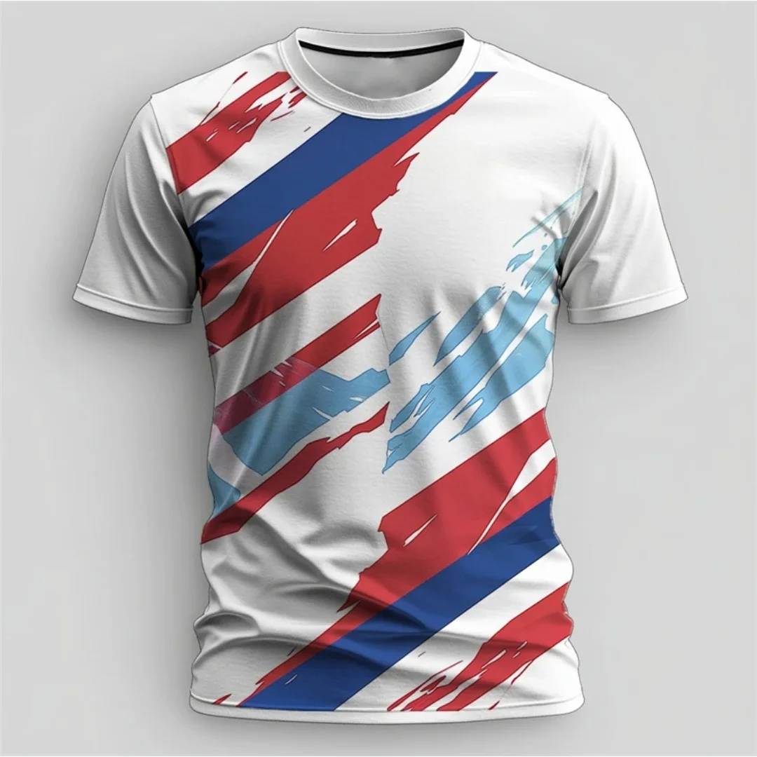 2026 New Men's T-Shirt Abstract Contrasting Striped Print Casual Graffiti Print Short Sleeved Fitness Sports Casual Top T-Shirt