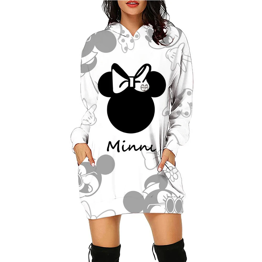 New Disney Series Mickey Mouse Minnie Hoodie Print Hooded Sweater Dress Casual Street Style Ladies Warm Sweater Dress