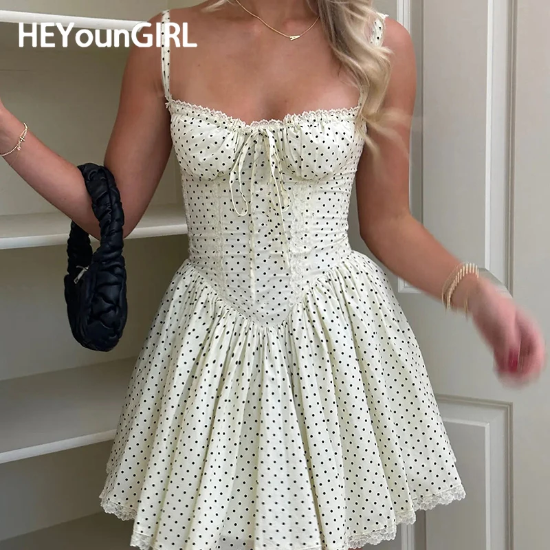 HEYounGIRL French Style Polka Dots Frill Short Dress Women's Elegant Sleeveless Corset Dresses Summer Cute Birthday Dress Ladies