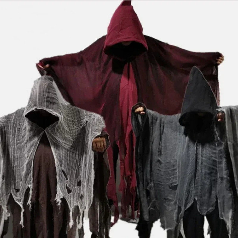 ยุคกลางฮาโลวีน Ghost Dementors คอสเพลย์เครื่องแต่งกาย Gothic สยองขวัญ Zombie Tattered Hooded Capes Day Of The Dead Party Prop MN12