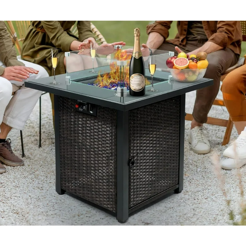 

Propane Fire Pit Table , Outdoor Gas Fire Pit , Firepit with Glass Rocks, Lid, Tempered Glass Tabletop for Outside Patio Garden