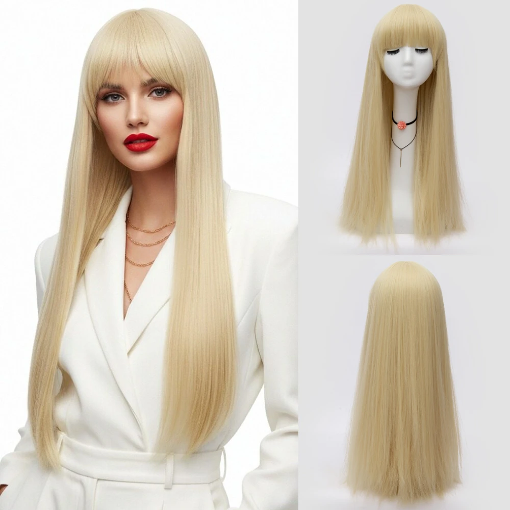 

Длинный прямой синтетический парик блондинки с челкой, термостойкий для женщин, косплей, вечеринка на Хэллоуин