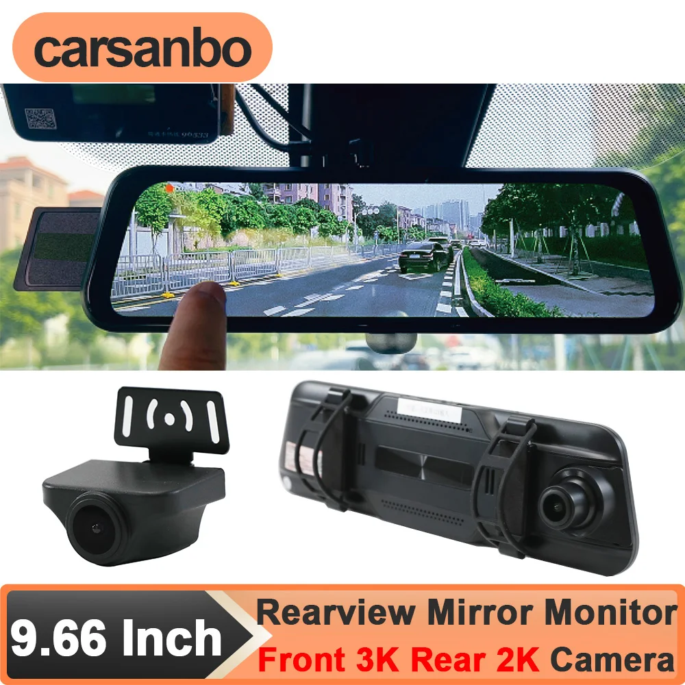 

Carsanbo 9.66" Car Rearview Mirror Monitor HD Full Touch Screen 2 Cameras Front Inside Rear 3K+2K Night Vision Recorder G-Sensor