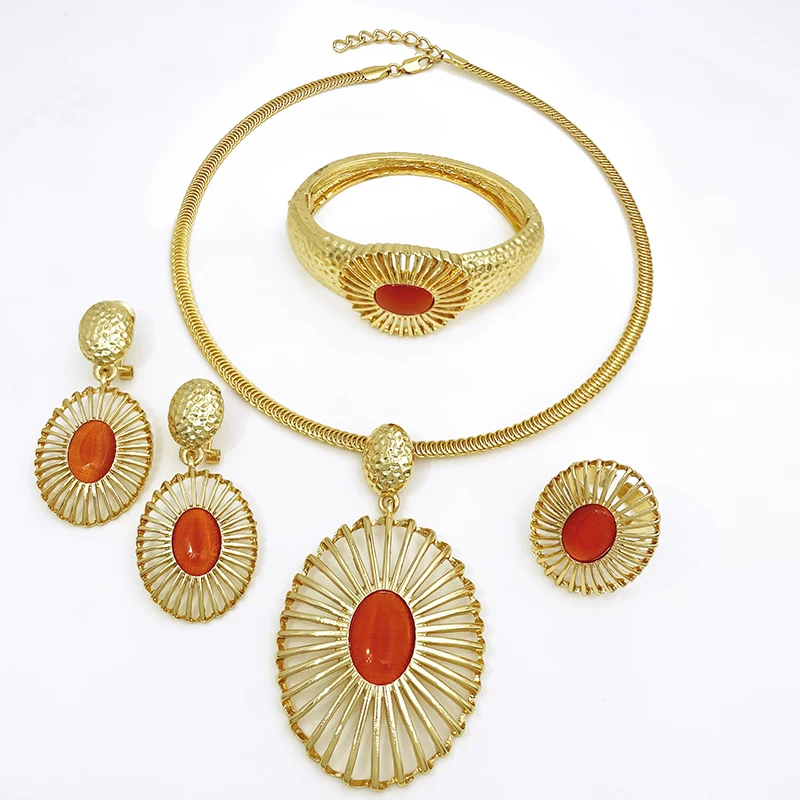 Luxury Women Jewelry Set Quality African Nigeria Fashion Jewelry Red Stones Bangle Necklaces Earrings And Ring Free Shipping