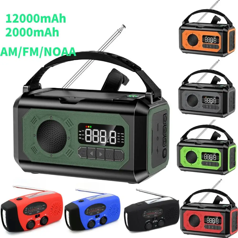 12000mAh AM/FM/WB /NOAA Weather Radio with 2 Solar Panels Solar Hand Crank Portable Emergency Radio LED Flashlight for Outdoor