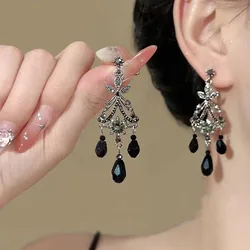 Gothic Dark For Women Black Zircon Vintage Design Silver Needle Tassel Exquisite Earrings Jewelry Party Gift