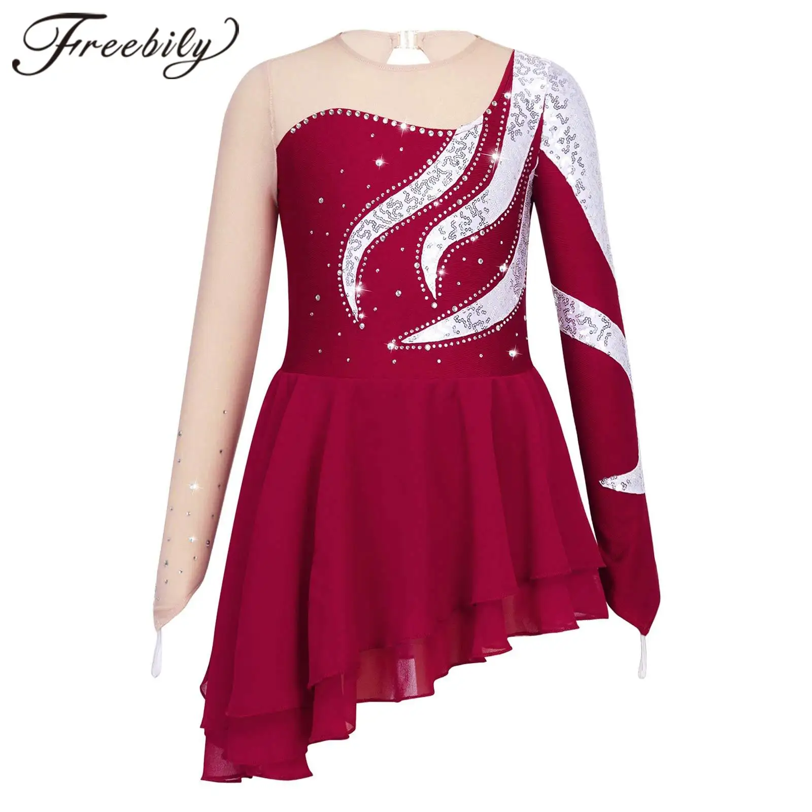 

Kids Girls Shiny Sequins Ballet Gymnastics Leotard Mesh Splice Chiffon Figure Skating Dress Dance Competition Ballerina Costumes