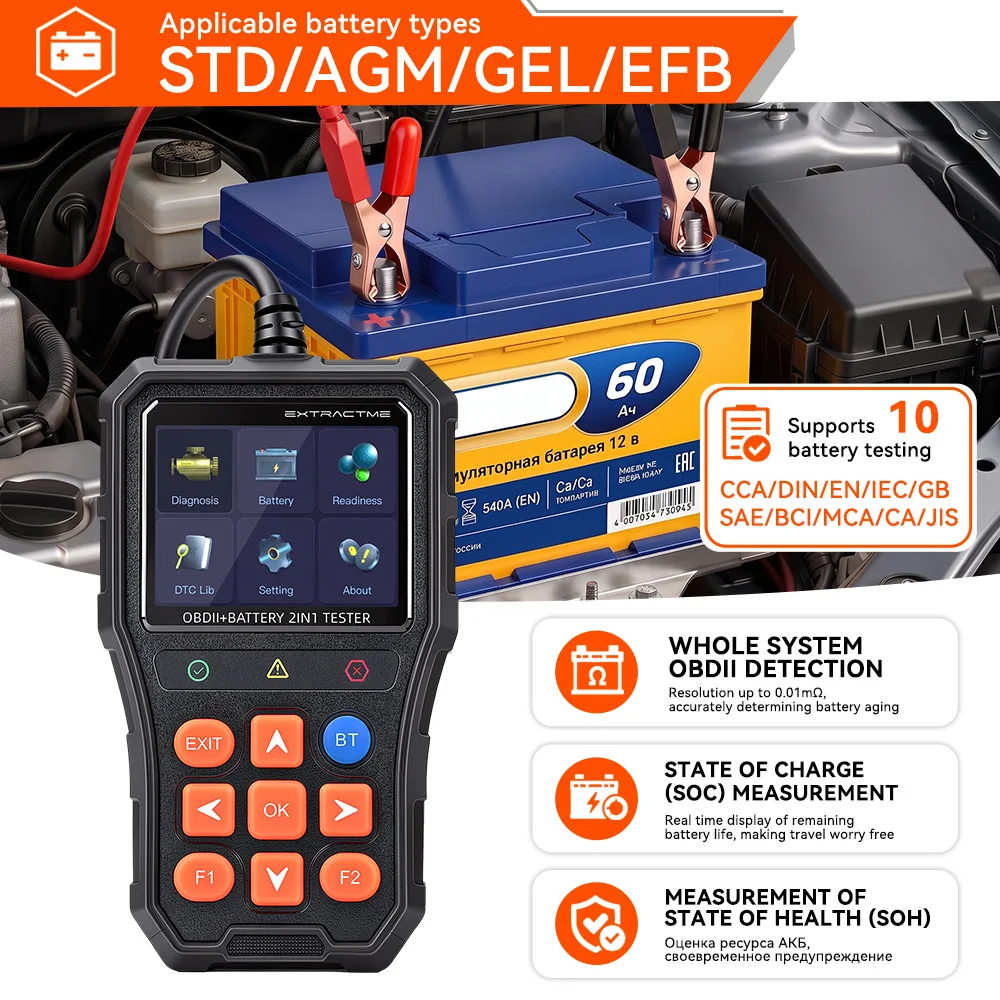 BT529 2IN1 OBD2 Scanner & 12‑24V Car Battery Tester Auto Fault Code Reader Real‑Time Data Bluetooth APP Multi‑Language
