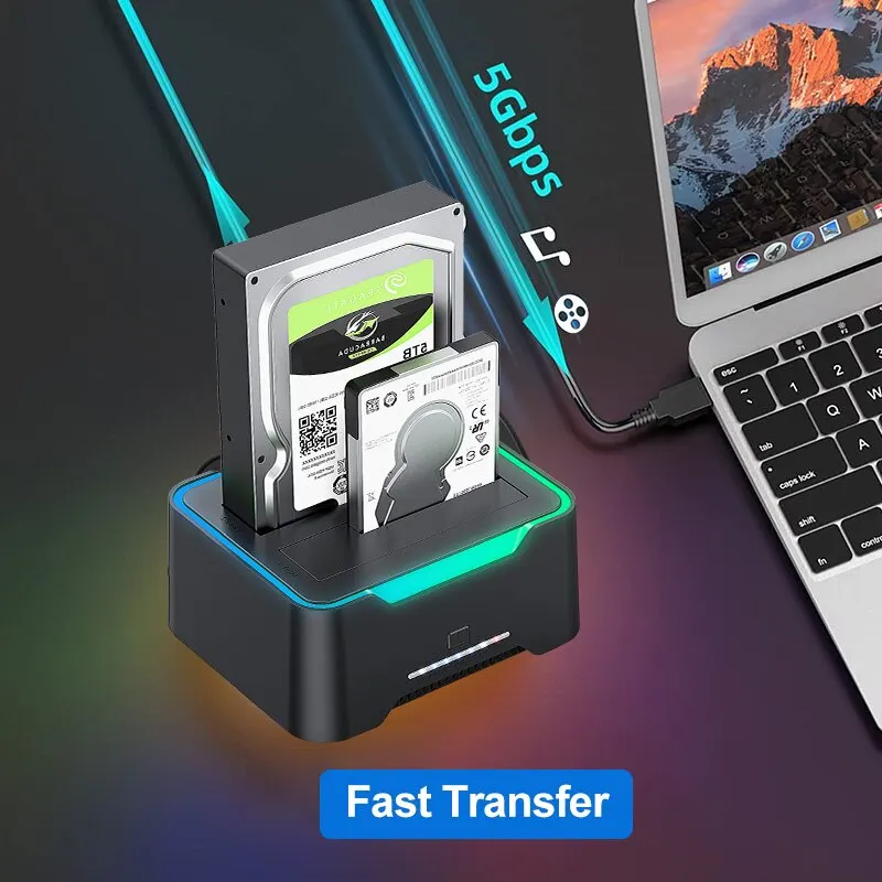 USB 3.0 SATA 듀얼 베이 RGB 램프 효과 하드 디스크, 하드 드라이브 인클로저 도킹 스테이션, 오프라인 복제 HDD SSD, 2.5 인치, 3.5 인치