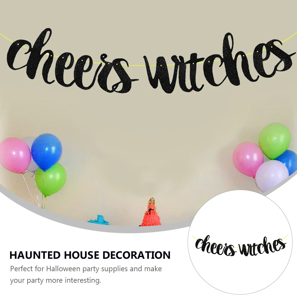 

1Set Cheers Witches Banner Halloween Party Supplies Black Paper Plastic Banner Easy Assembly Haunted House Decor