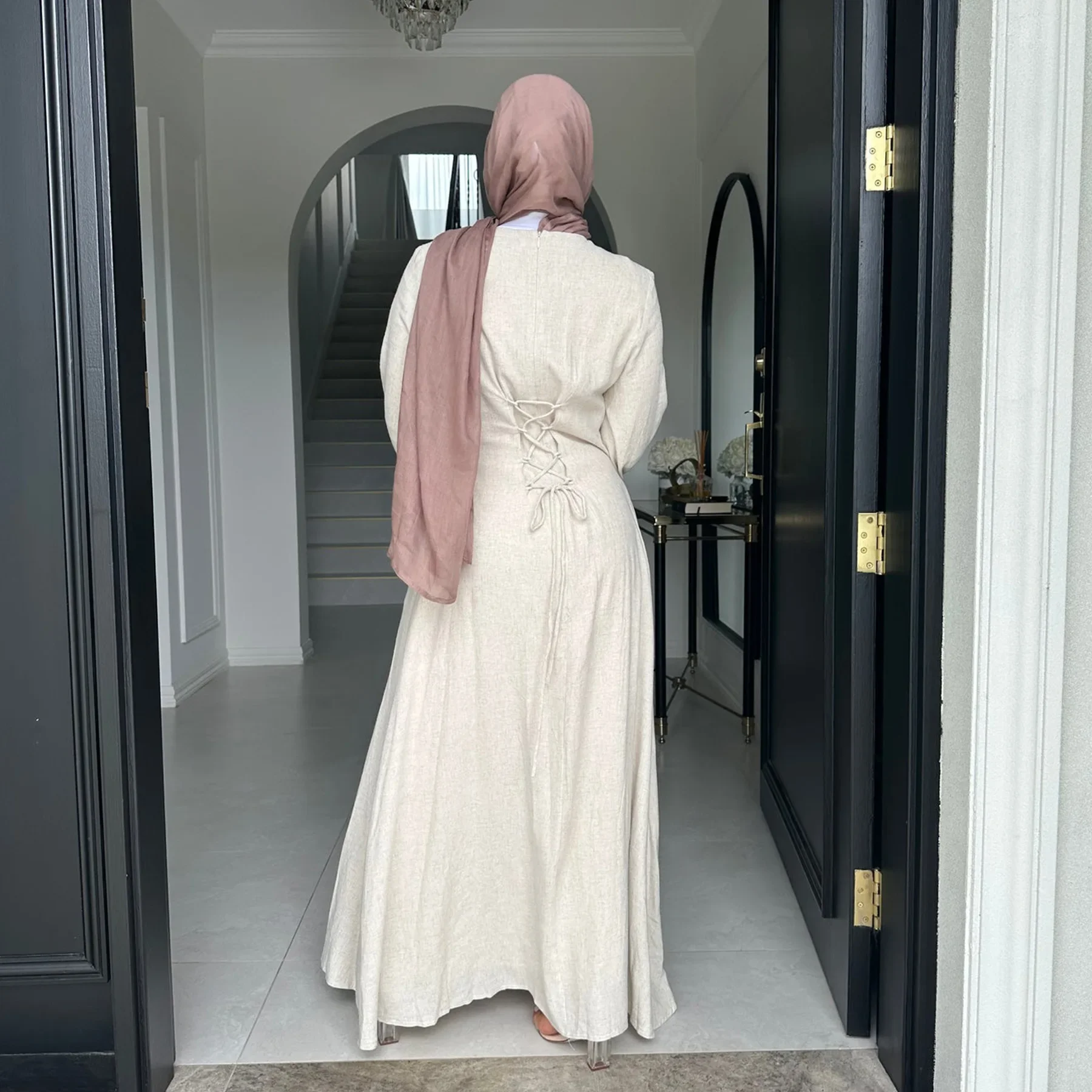 2025 New Muslim Dress for Women Dubai Turkey Abaya Solid Color Back Strap Adjustment Dresses Islam Modest Robe Islamic Clothing