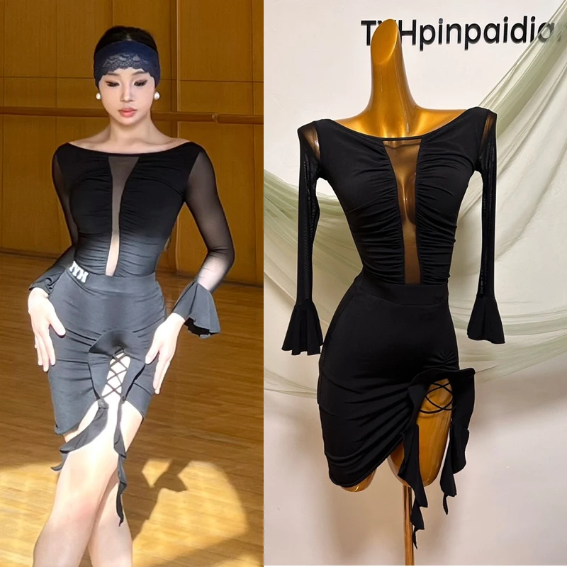 

2025 New Latin Dance Performance Dress For Women Long Mesh Sleeved Split Skirt Suit Samba Chacha Adult Latin Dance Wear DQS18650