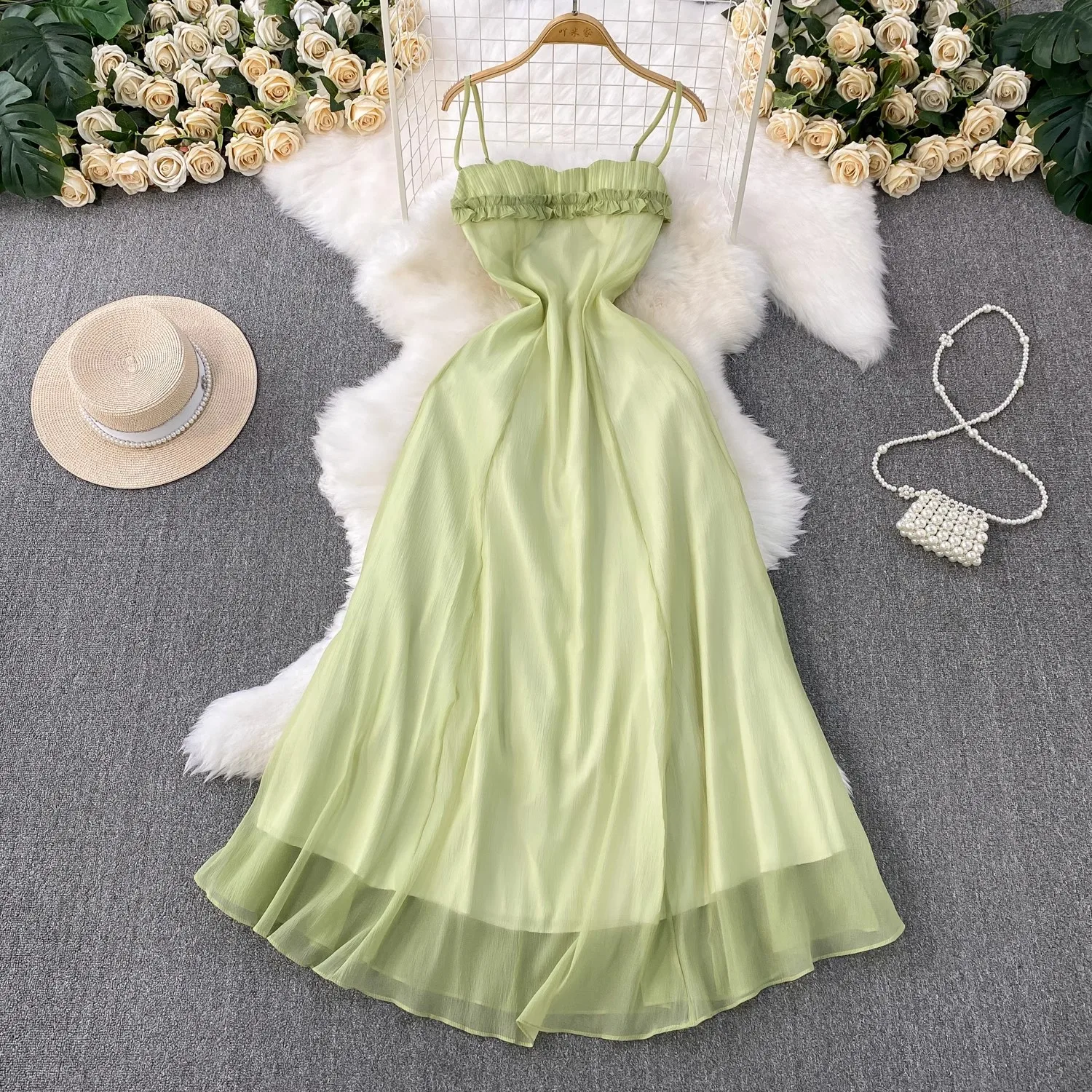 

Green Mesh Dress Women Elegant Summer Vacation Streetwear Slash Neck Clothing Lady Chic Sleeveless Vestidos Bodycon