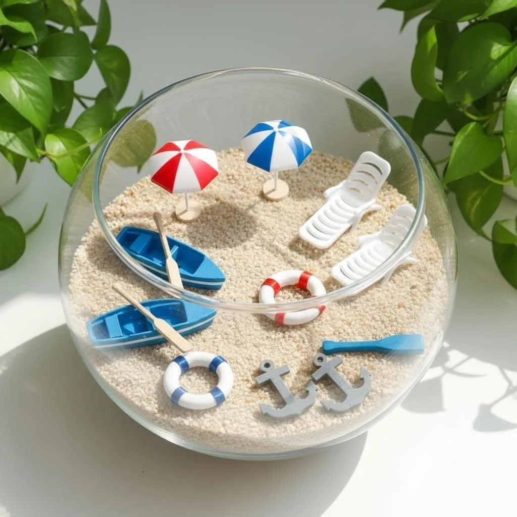 15pcs Mini Beach Themed Decorations, Summer Beach Scenery Ornaments, Including Boats, Starfish, Sun Umbrellas, Lifebuoys, Chairs