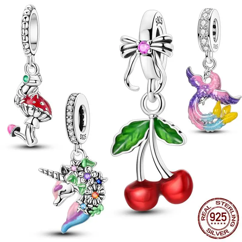 Charms aus 925er-Sterlingsilber mit Kirschpilz, Perlen, Einhorn, baumelnd, passend für Original-Armbänder, Modeschmuck