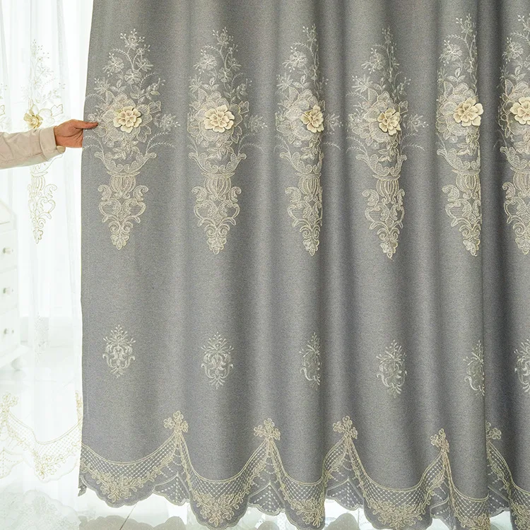 Gray Cotton and Linen 3D Embossed European Curtains Set Thickened Blackout Custom Living Room Bedroom Decor Embroidered Tulle