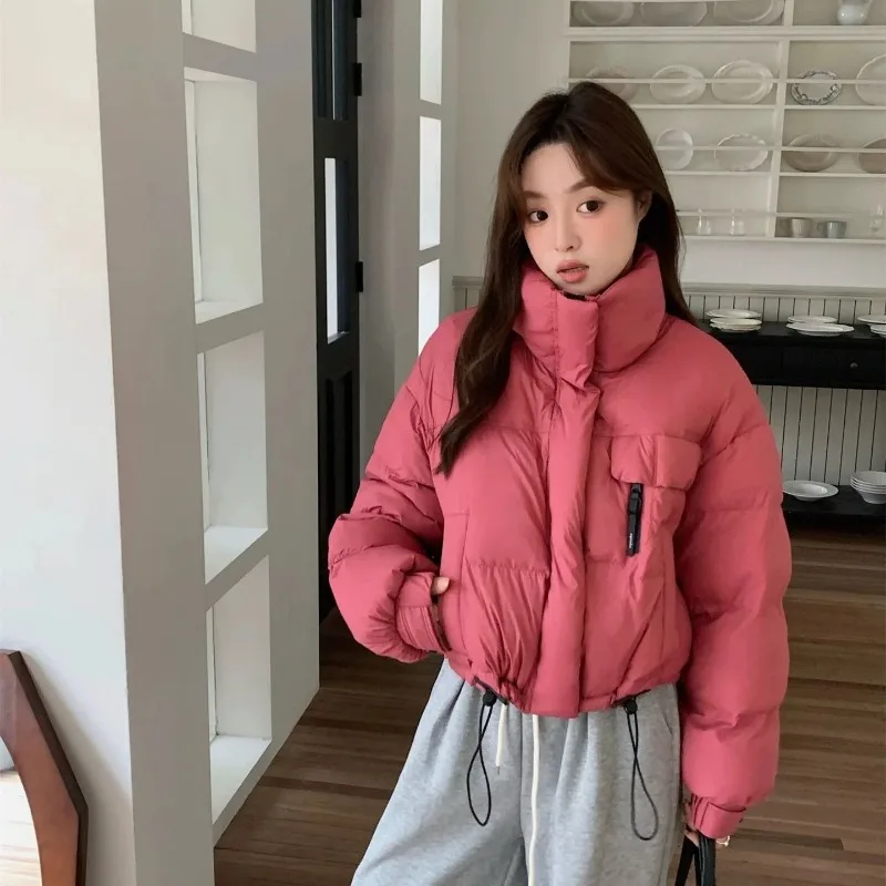 الشتاء الأبيض بطة أسفل سترة منتفخة للنساء الدافئة الوقوف طوق قصيرة أسفل معطف طويل الأكمام أعلى الرباط أسفل سترة النساء #3