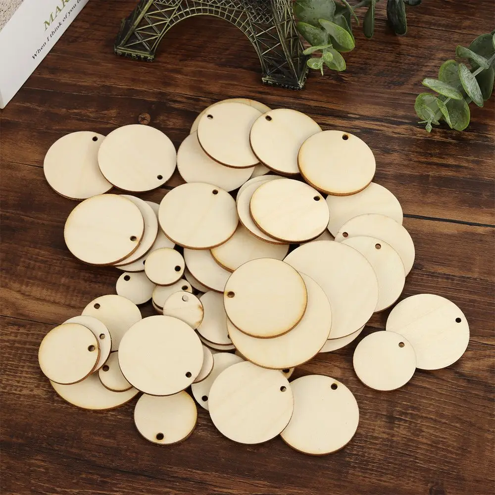 50pcs Round Shape Natural Wooden Ornament Scrapbooking Wood DIY Craft Home Decoration Handmade Wood Piece Hanging Pendant