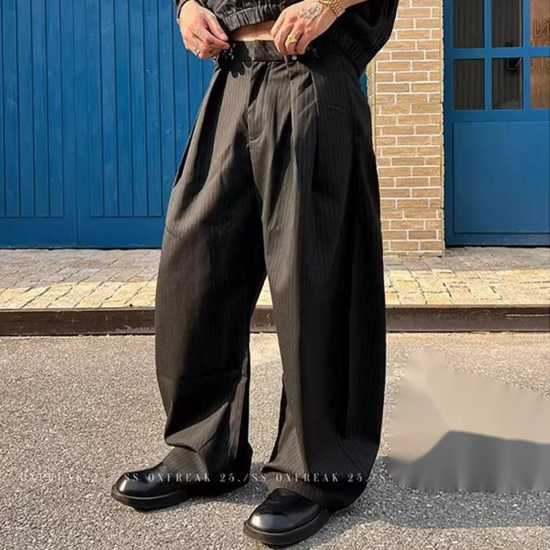 WVGA Dark Style Buckles Pleated Striped Trendy Man Light Luxury Autumn Winter Wide-Leg Pants Niche Chic Casual Streetwear W21564